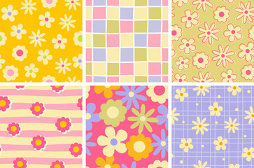 Cute Retro Flower and Grid Pattern Set in Pastel Tones
