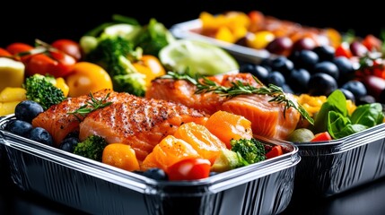 This vibrant image showcases a delicious salmon meal prep, brimming with colorful vegetables like broccoli, blueberries, and peppers prepared in sleek containers.