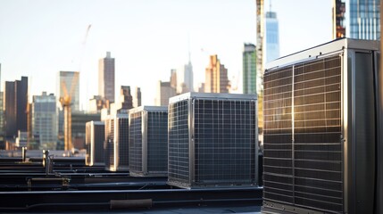 Obraz premium Rooftop HVAC units cooling residential buildings with city skyline and sunset in background, urban air conditioning systems for commercial properties and homes.