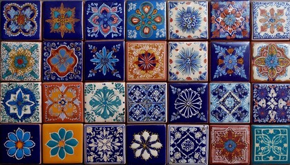 Vibrant array of intricately designed ceramic tiles with geometric and floral patterns, showcasing artisanal craftsmanship and cultural artistry.