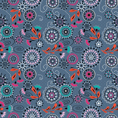 Ethnic folk abstract floral pattern retro gray blue color 