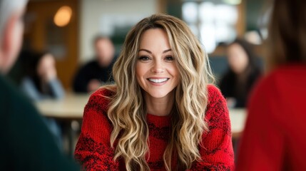Obraz premium Bright smile of a woman seated at a coffee table, enjoying a cozy moment surrounded by people, symbolizing connection, warmth, and friendship in a vibrant social setting.