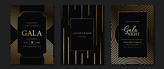 Luxury wedding invitation card background vector. Golden elegant gold wavy lines on dark background. Premium design illustration for wedding and vip cover template, banner, poster. © TWINS DESIGN STUDIO