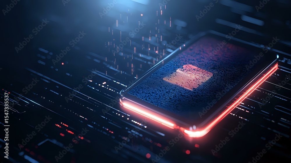 Poster futuristic microprocessor with glowing red elements on dark circuit board background, digital techno