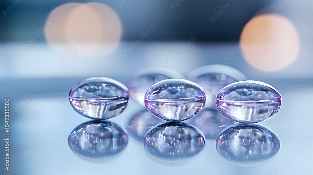 Poster transparent glass beads with pink and blue reflections arranged in row on reflective surface create 
