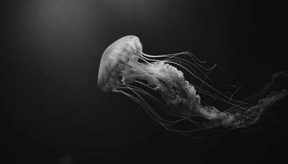 A serene black and white image of a jellyfish gliding through dark ocean waters, highlighting its long, flowing tentacles.