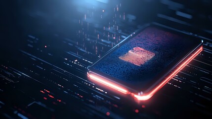 Futuristic microprocessor with glowing red elements on dark circuit board background, digital technology concept with light effects and particles.