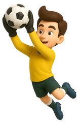 3d cartoon character of a goal keeper jump and holding ball on transparent background