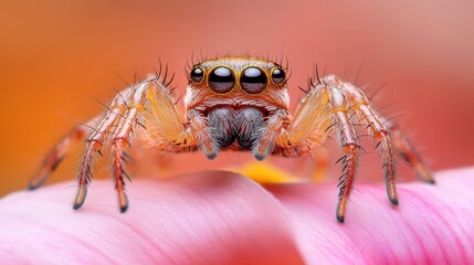 Fototapeta premium An intricate close-up of a vibrant spider perched on a delicate flower petal, showcasing nature's beauty and the delicate balance between life and color.