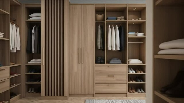 Wooden wardrobe with tiered design, compact home interior storage. Wardrobe with clothes, drawers, shoes, shelves. 4k video