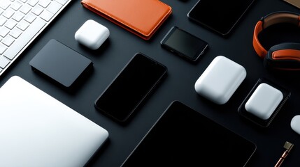 A modern workspace featuring various tech gadgets and accessories on a sleek black desk