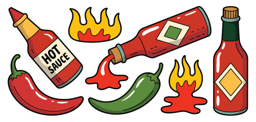 Spicy Hot Sauce Bottles with Chili Peppers and Flames