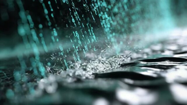 Digital code rain water surface abstract futuristic technology blue cyber data reflection and binary numbers create immersive atmosphere with glowing blue green light and modern science liquid