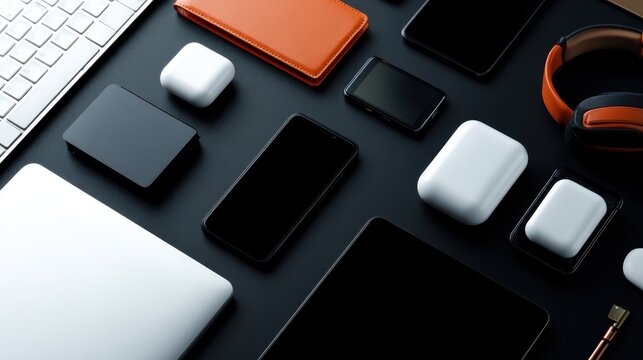 A modern workspace featuring various tech gadgets and accessories on a sleek black desk