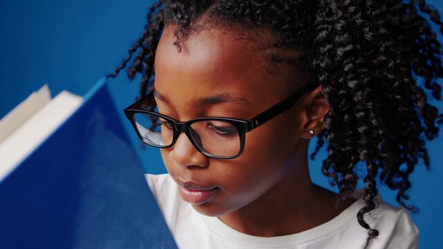 Young Black girl reading a blue book while focused on study, symbolizing childhood education, literacy, curiosity, student learning, and academic empowerment