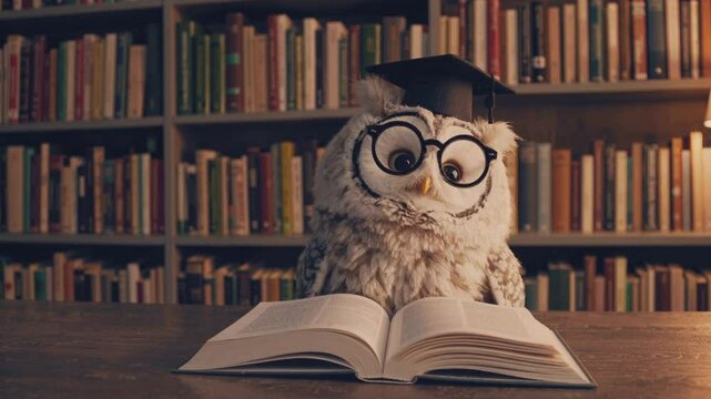 Wise owl wearing glasses studying a book in a library, representing wisdom, education, back to school, learning, childhood curiosity, and academic success motivation