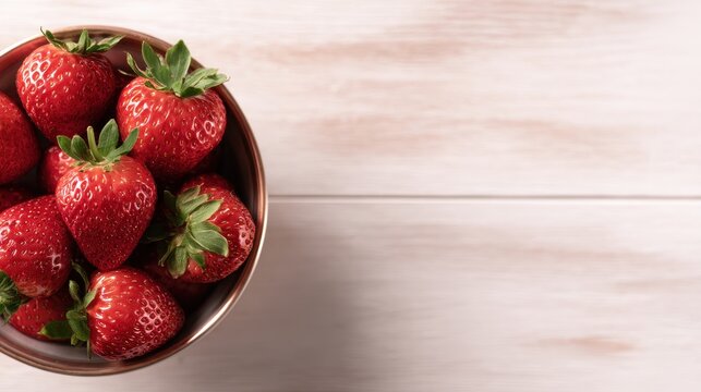 Fresh, ripe strawberries in a bowl on a wooden table with a soft background ambiance - Powered by Adobe