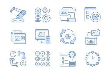 Fototapeta premium Business and technology icons in a modern blue outline design for digital content