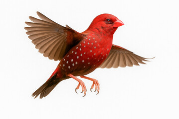 Obraz premium Flying Red Avadavat Bird with Spotted Plumage on White Background.