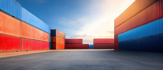 Shipping containers stacked in a cargo yard at sunset, industrial logistics scene, transportation and trade concept, vibrant colors, supply chain management.