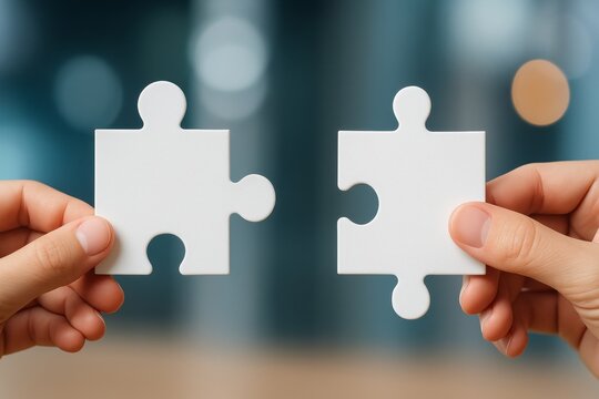 Two Hands Connecting White Jigsaw Puzzle Pieces Teamwork Concept Collaboration Partnership