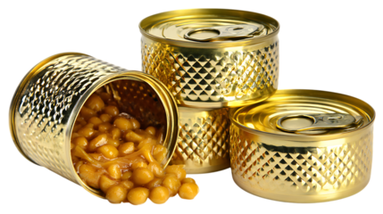 Three gold cans of baked beans spilled isolated on transparent background