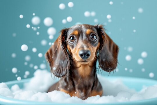 An adorable wet dog enjoying a gentle bath — a perfect blend of care, comfort, and cleanliness. Ideal for promoting pet grooming services or relaxing pet-friendly spa moments.