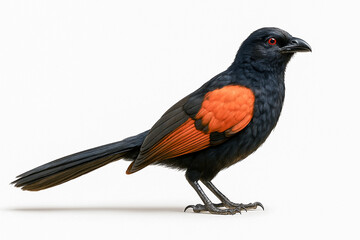 Jet black bird with bright orange wings and glowing red eyes on white background.