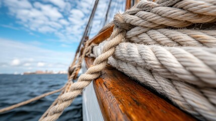 A close-up view of thick, textured rope coiling around a wooden ship's railing, showcasing craftsmanship and the adventure of sailing on the open sea under a blue sky.