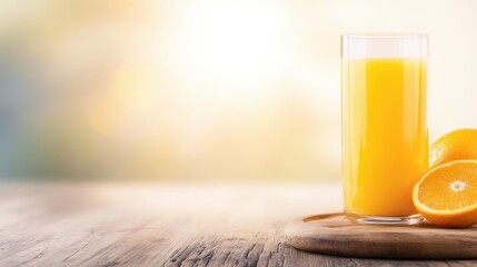 Freshly squeezed orange juice in a glass with oranges on a wooden table against a sunny background