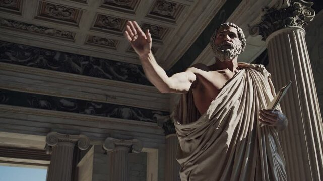 Wise philosopher addressing audience in front of ancient marble temple, concept of public discourse, civic education, classical heritage, Socratic wisdom, leadership, the foundation of Western thought