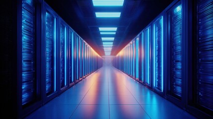 Fototapeta premium Futuristic data center corridor illuminated by vibrant blue and orange lights, showcasing technology