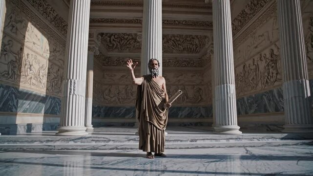 Elderly philosopher standing between classical columns delivering a speech, concept of ancient wisdom, oratory tradition, public discourse, historic architecture, Greek philosophy and intellectual