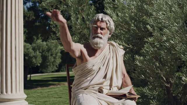 Ancient philosopher in traditional toga gesturing with hand during outdoor teaching in green park, concept of classical wisdom, Greek philosophy, rhetoric, public discourse, historical education