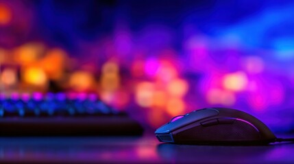 Close-up of a gaming mouse on a desk with a colorful blurred background of lights