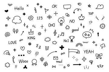 手描きの落書きベクター素材セット 　 イラスト　矢印　ハート　吹き出し　飾り　手書き文字　キラキラ
