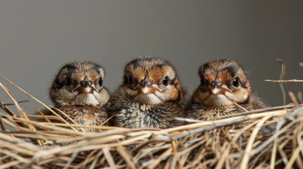 Three small, fluffy baby birds in a nest