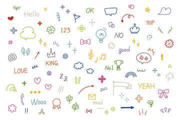手描きの落書きベクター素材セット 　 イラスト　矢印　ハート　吹き出し　飾り　手書き文字　キラキラ