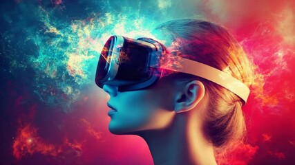 Woman immersed in vibrant virtual reality experience with cosmic background - Powered by Adobe