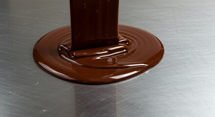 Melted Dark Chocolate Flowing Onto a Metallic Surface