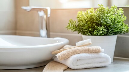 Next to a modern sink in the bathroom lies a plastic toothbrush with an ergonomic handle that is soft to the touch