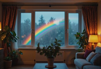 Unexpected rainbow appearing outside a cozy window on a rainy day