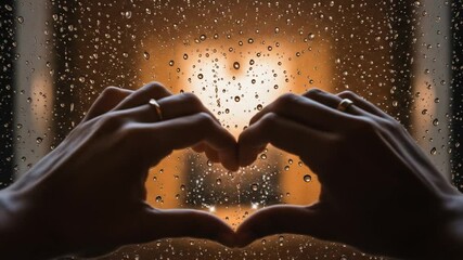 Love Through the Fog: Hands Forming Heart on Rainy Glass with Rings of Bond symbolizing unity, love, and emotional warmth despite cloudy moments. - Powered by Adobe