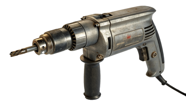 Close Up of a Vintage Electric Hand Drill Isolated on Transparent Background