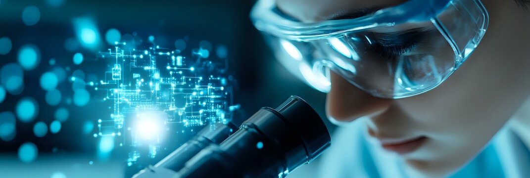 Medical researcher in protective goggles examining microscope with glowing digital data visualization and futuristic technology interface in blue tones.