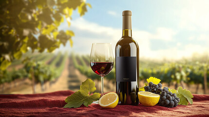Fototapeta premium Wine bottle with a mockup label next to a glass and grapes against the background of vineyards — a scene for advertising wines, tastings and gastrotourism