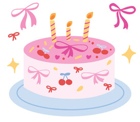 Ribbon pink birthday cake hand drawn illustration 