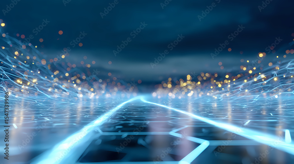 Poster futuristic digital network with glowing blue light trails and particles floating in dark space, crea