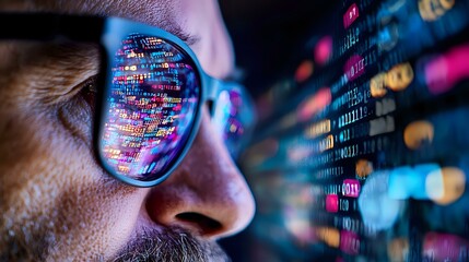 Programmer viewing colorful code reflection in glasses with digital data stream effect, close up profile of male developer working at night on computer screen.