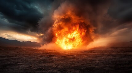 An explosive scene capturing a fiery blast against foreboding dark clouds, evoking feelings of chaos and destruction in a dramatic and powerful visual narrative.